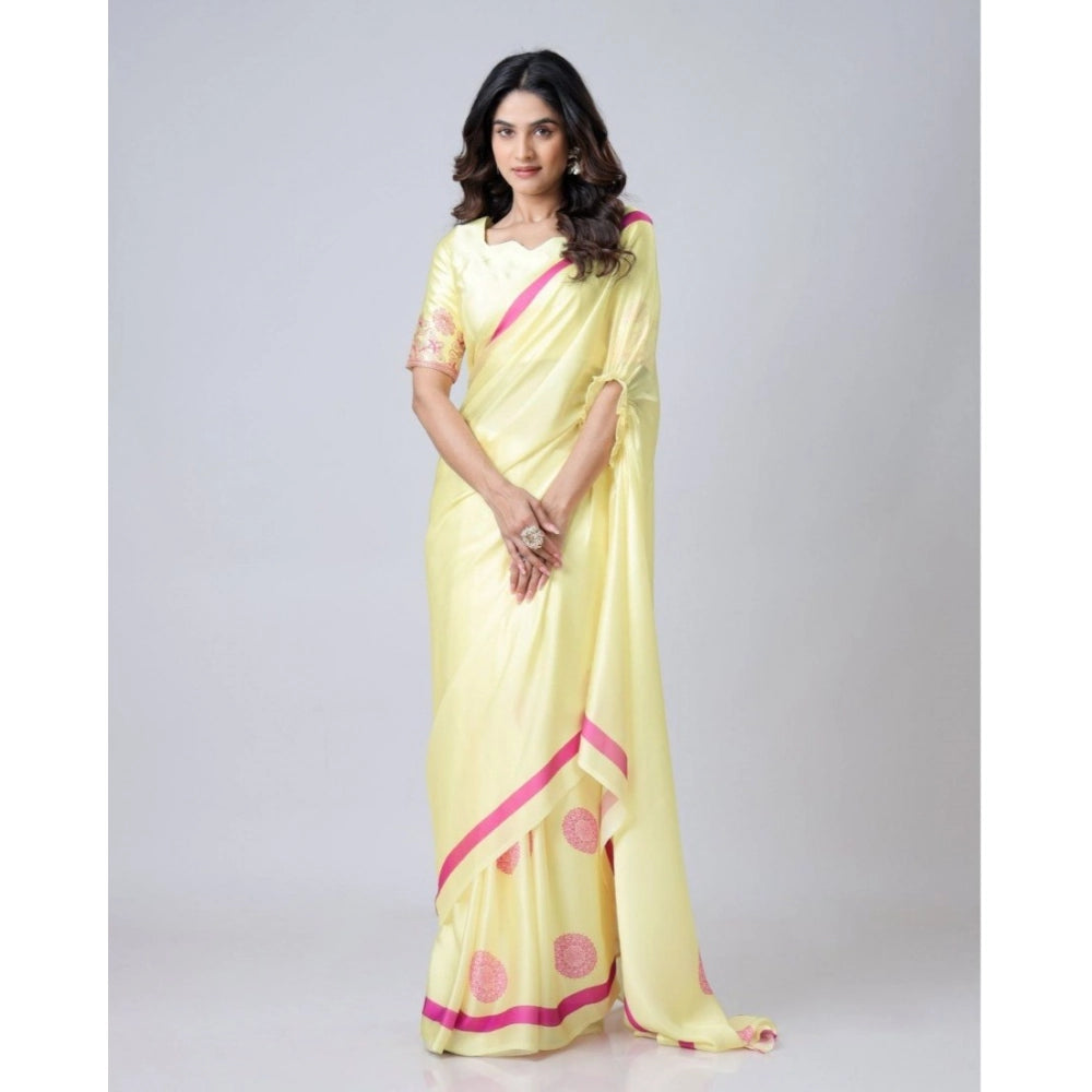 Seduva Women's Soft Crepe Silk Printed Ready To Wear Saree With Unstitched Blouse 5.5Mtr (Light Yellow)