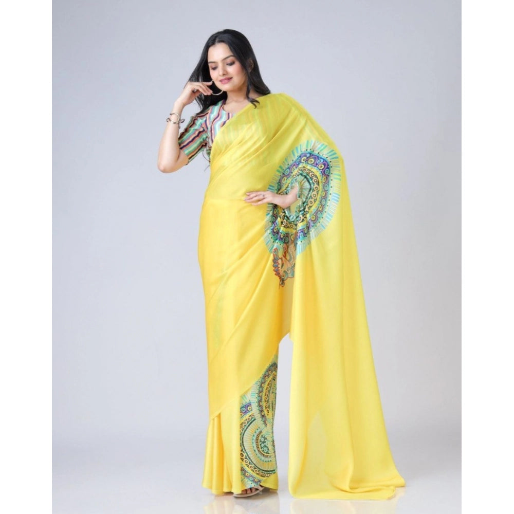 Seduva Women's Soft Crepe Silk Printed Ready To Wear Saree With Unstitched Blouse 5.5Mtr (Yellow)