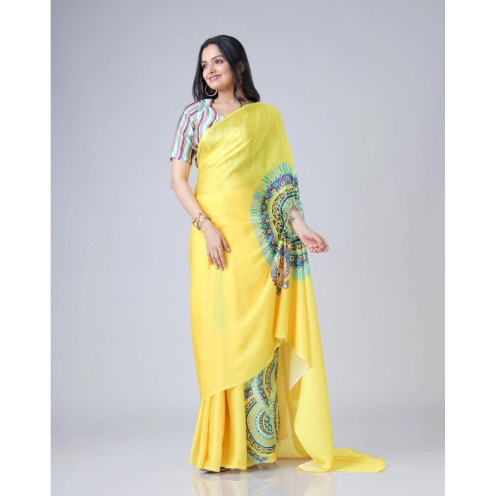 Seduva Women's Soft Crepe Silk Printed Ready To Wear Saree With Unstitched Blouse 5.5Mtr (Yellow)