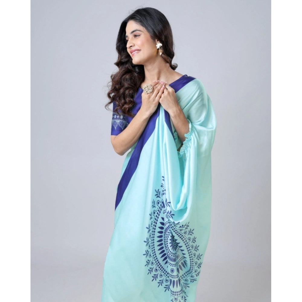 Seduva Women's Soft Crepe Silk Printed Ready To Wear Saree With Unstitched Blouse 5.5Mtr (Turquoise)