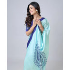 Seduva Women's Soft Crepe Silk Printed Ready To Wear Saree With Unstitched Blouse 5.5Mtr (Turquoise)