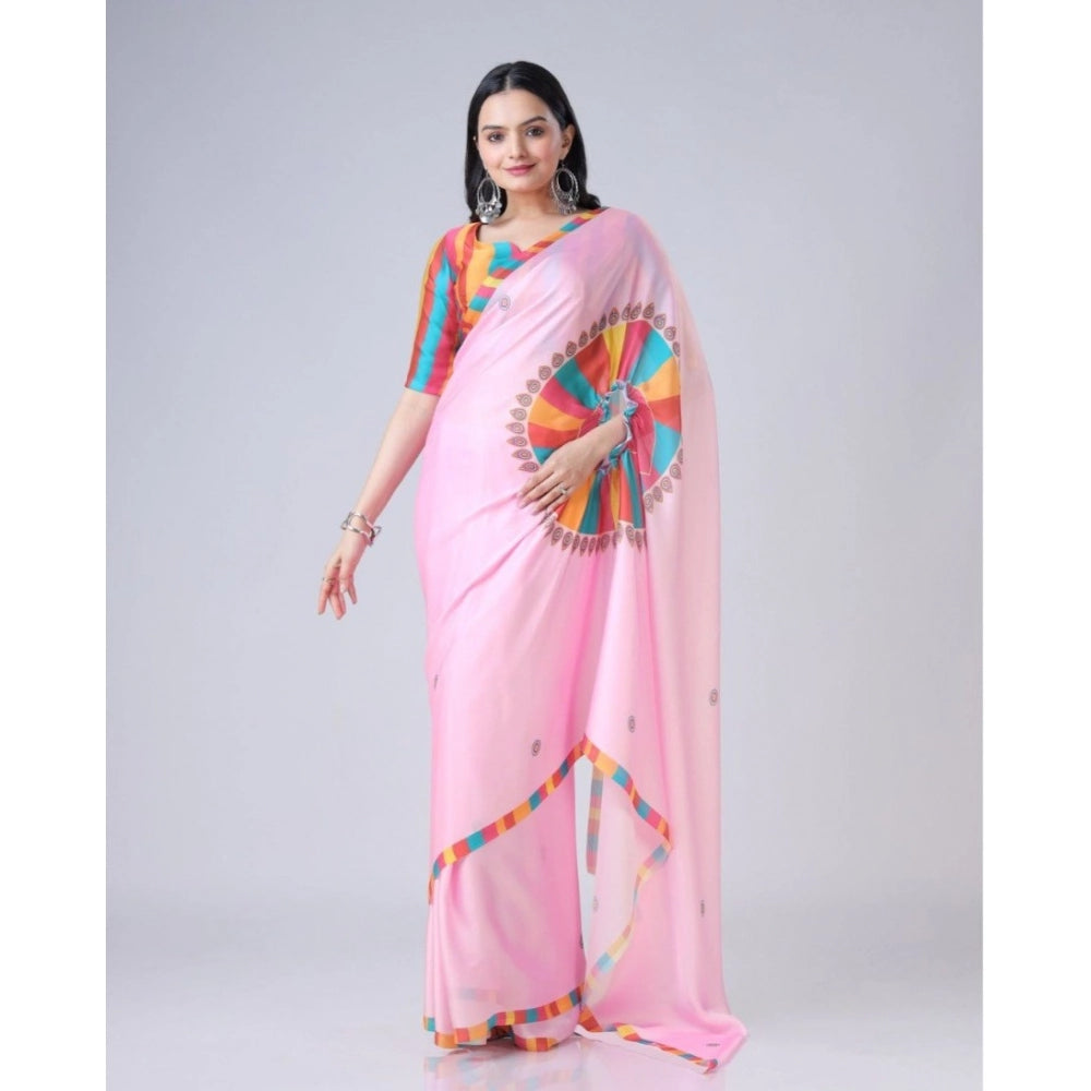 Seduva Women's Soft Crepe Silk Printed Ready To Wear Saree With Unstitched Blouse 5.5Mtr (Pink)