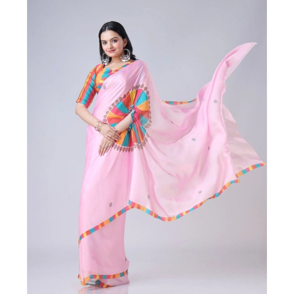 Seduva Women's Soft Crepe Silk Printed Ready To Wear Saree With Unstitched Blouse 5.5Mtr (Pink)