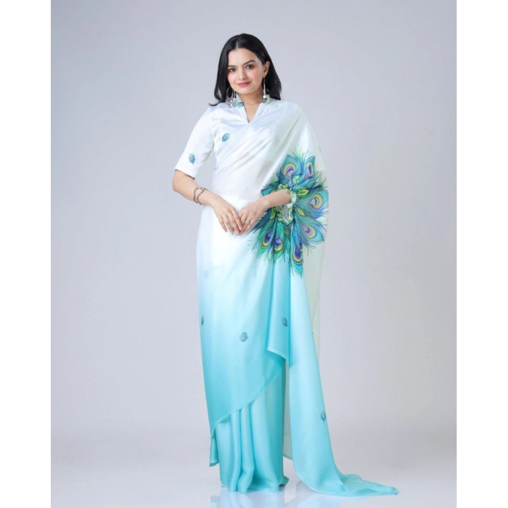 Seduva Women's Soft Crepe Silk Printed Ready To Wear Saree With Unstitched Blouse 5.5Mtr (Sky Blue)