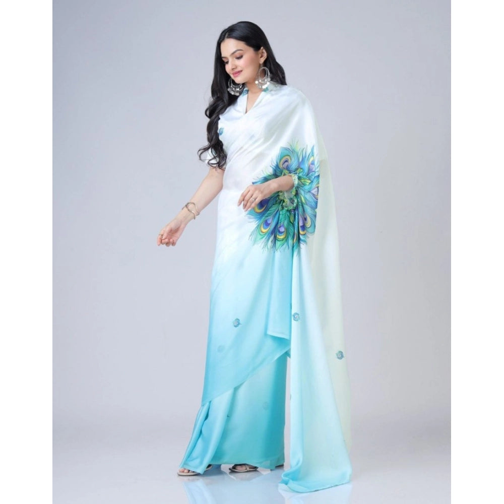 Seduva Women's Soft Crepe Silk Printed Ready To Wear Saree With Unstitched Blouse 5.5Mtr (Sky Blue)