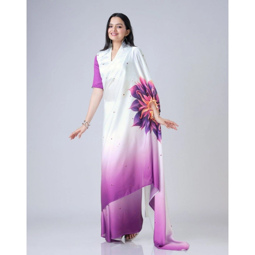 Seduva Women's Soft Crepe Silk Printed Ready To Wear Saree With Unstitched Blouse 5.5Mtr (Purple)