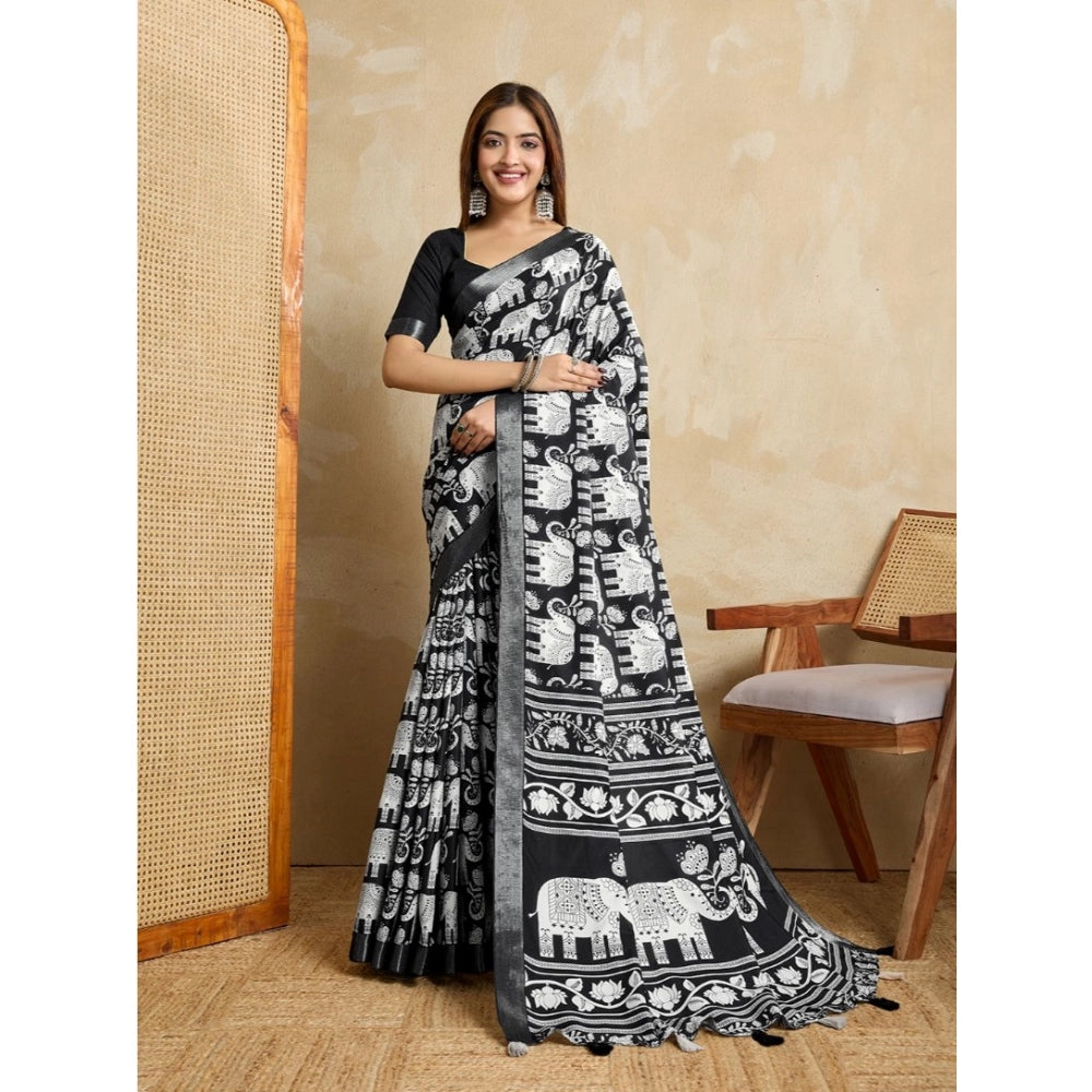 Seduva Women's Silk Blend Printed Saree With Unstitched Blouse 5.5Mtr (Black)