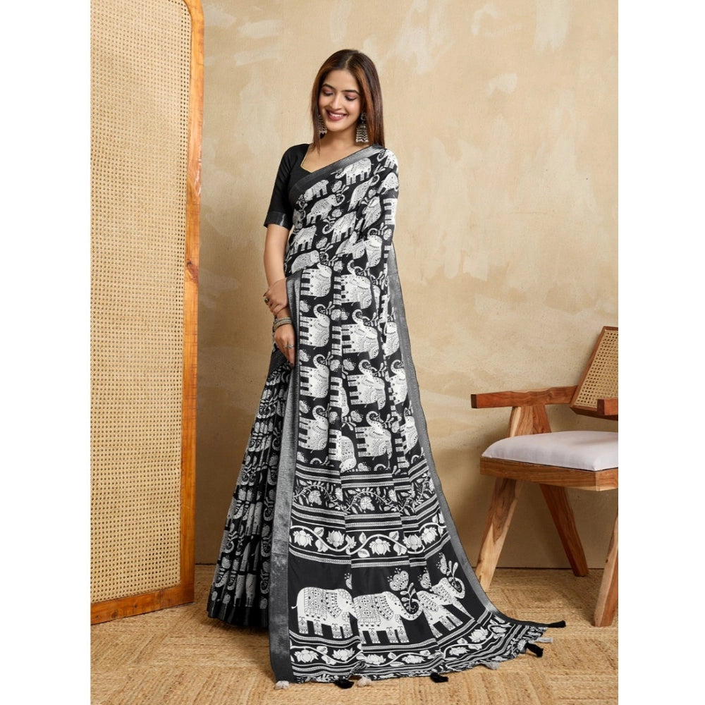 Seduva Women's Silk Blend Printed Saree With Unstitched Blouse 5.5Mtr (Black)