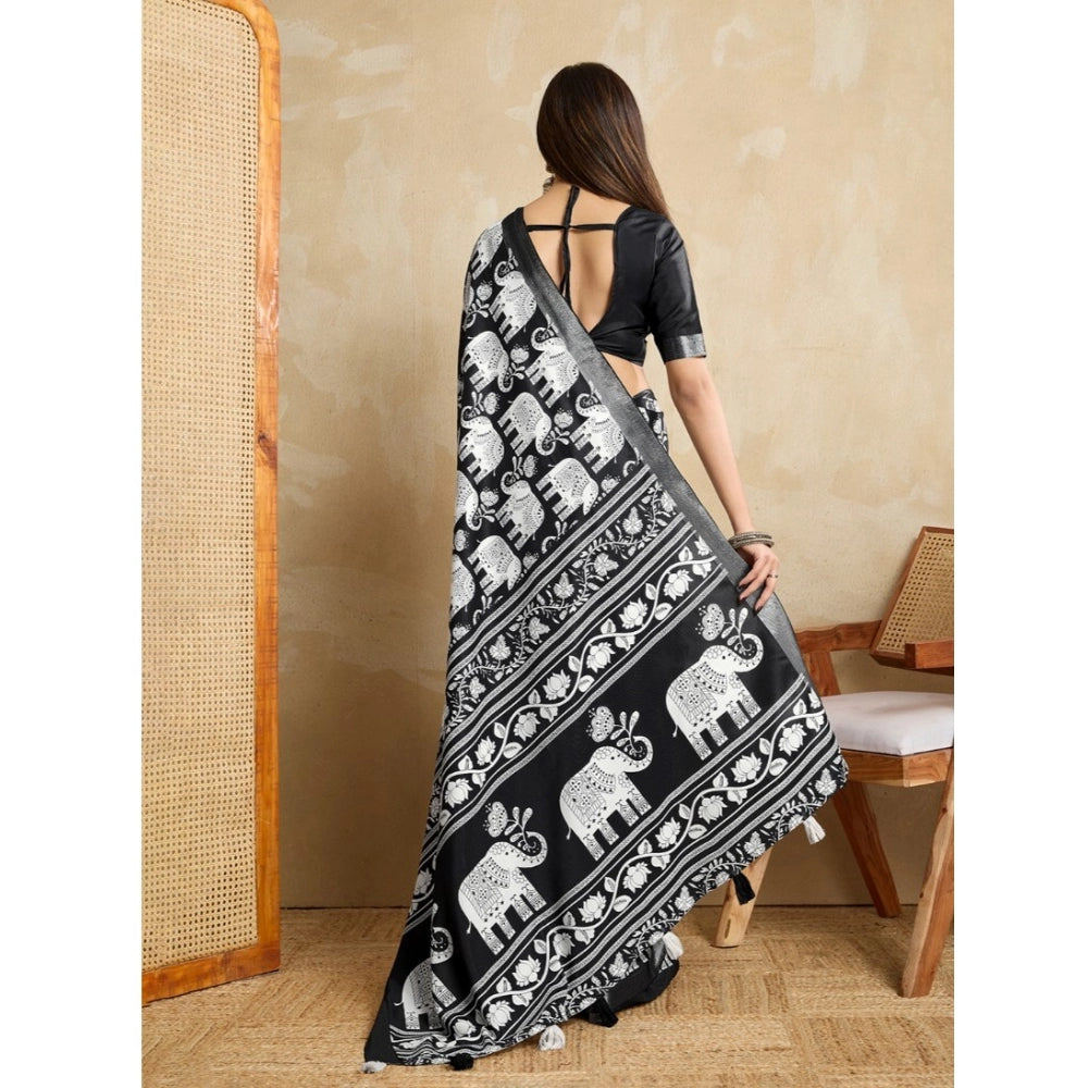 Seduva Women's Silk Blend Printed Saree With Unstitched Blouse 5.5Mtr (Black)