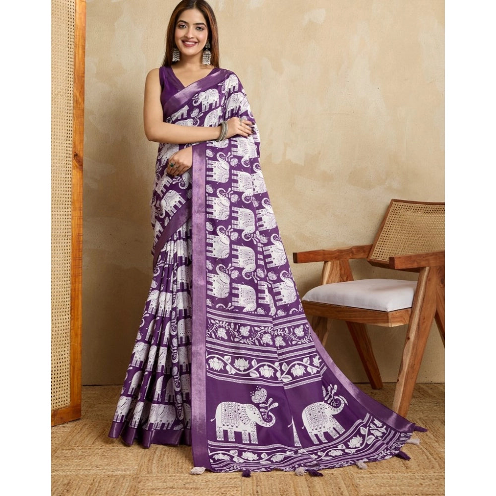 Seduva Women's Silk Blend Printed Saree With Unstitched Blouse 5.5Mtr (Purple)