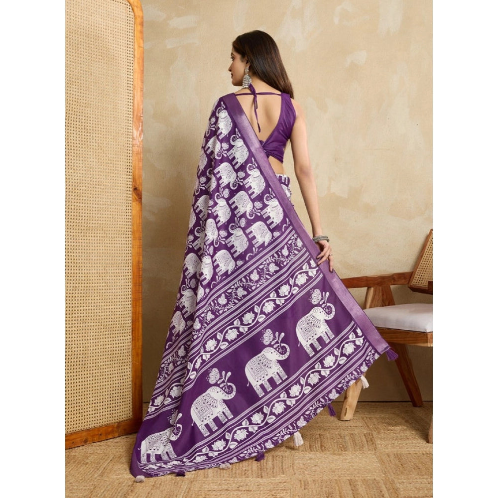 Seduva Women's Silk Blend Printed Saree With Unstitched Blouse 5.5Mtr (Purple)