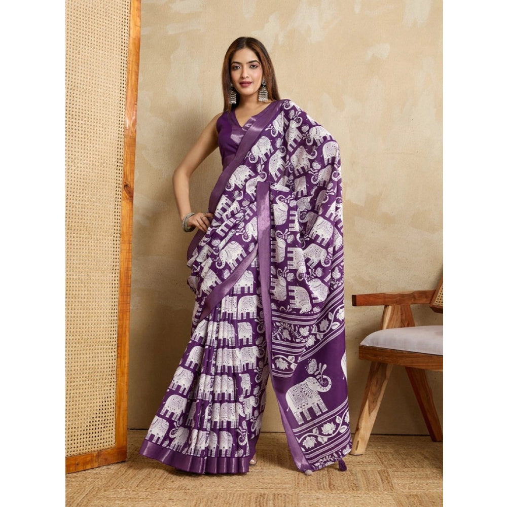 Seduva Women's Silk Blend Printed Saree With Unstitched Blouse 5.5Mtr (Purple)