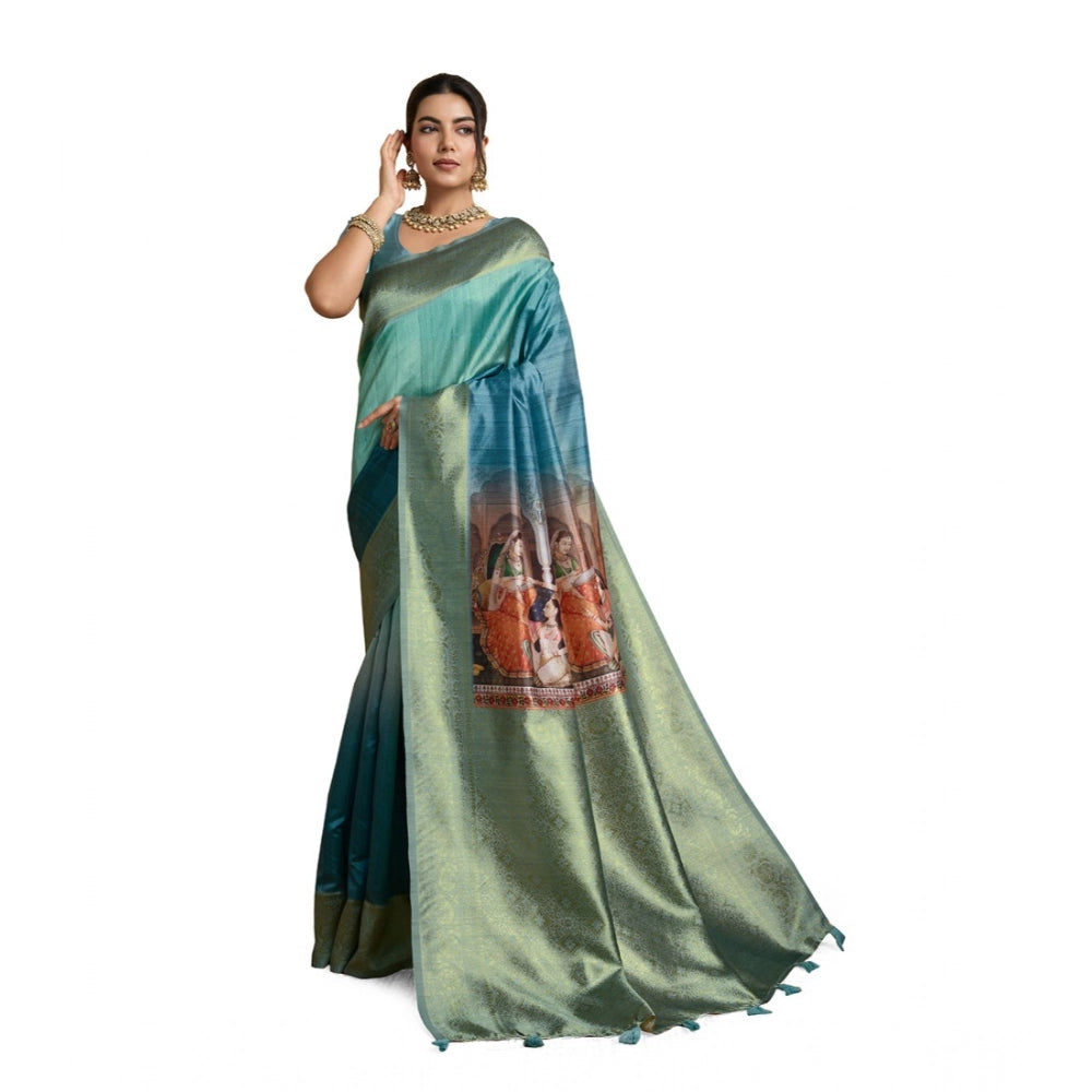 Seduva Women's Silk Printed Saree With Unstitched Blouse 5.5Mtr (Blue)