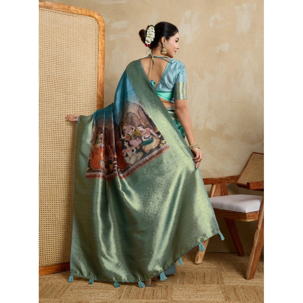 Seduva Women's Silk Printed Saree With Unstitched Blouse 5.5Mtr (Blue)