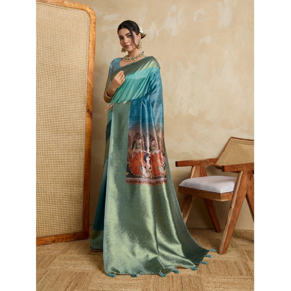 Seduva Women's Silk Printed Saree With Unstitched Blouse 5.5Mtr (Blue)