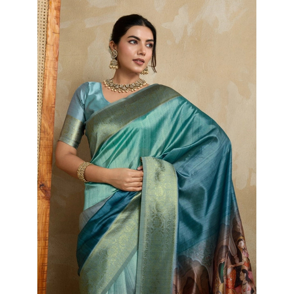Seduva Women's Silk Printed Saree With Unstitched Blouse 5.5Mtr (Blue)