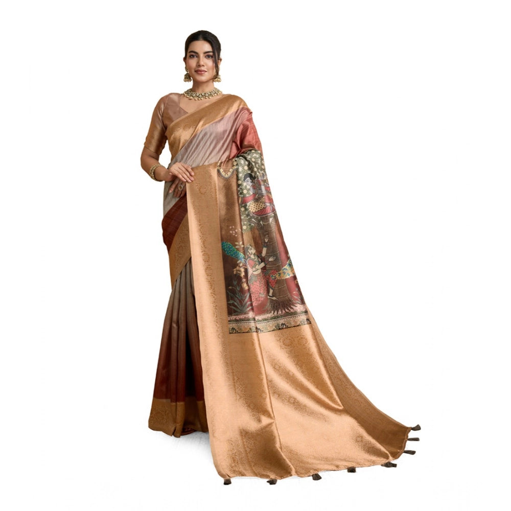 Seduva Women's Silk Printed Saree With Unstitched Blouse 5.5Mtr (Brown)