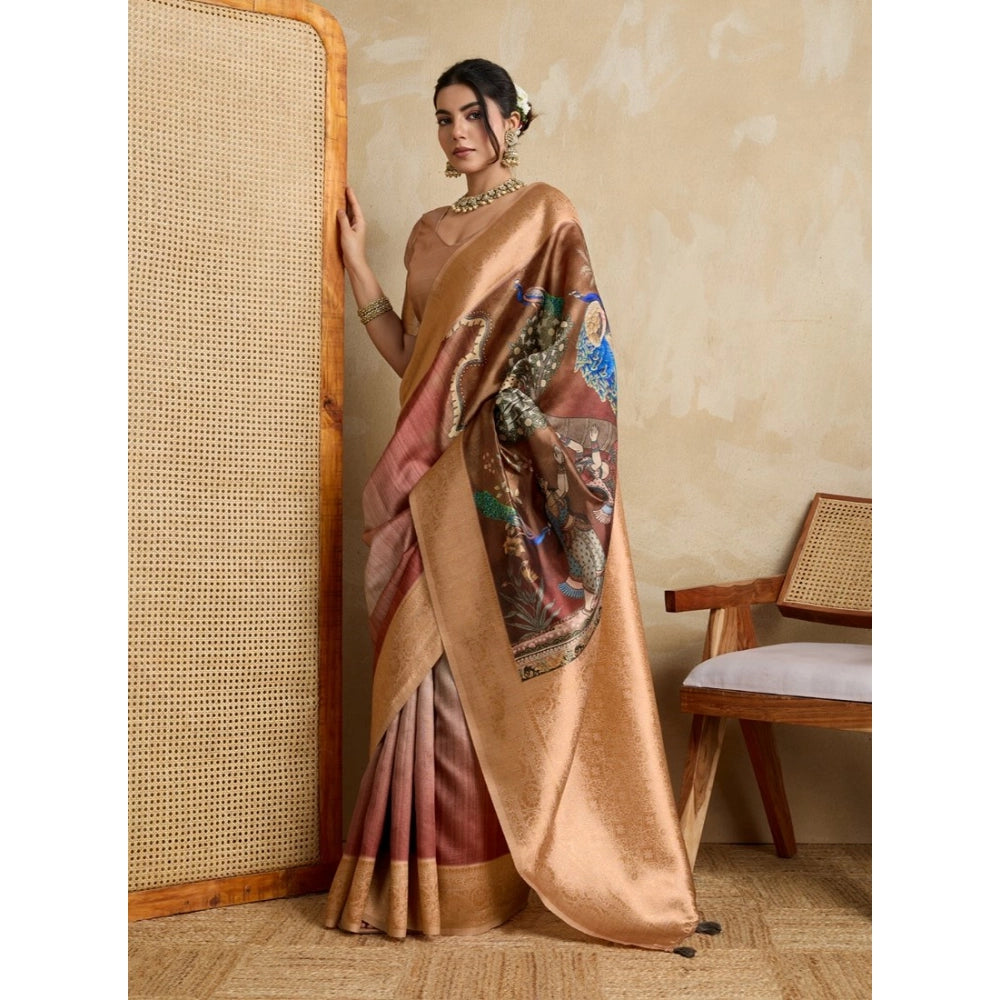 Seduva Women's Silk Printed Saree With Unstitched Blouse 5.5Mtr (Brown)