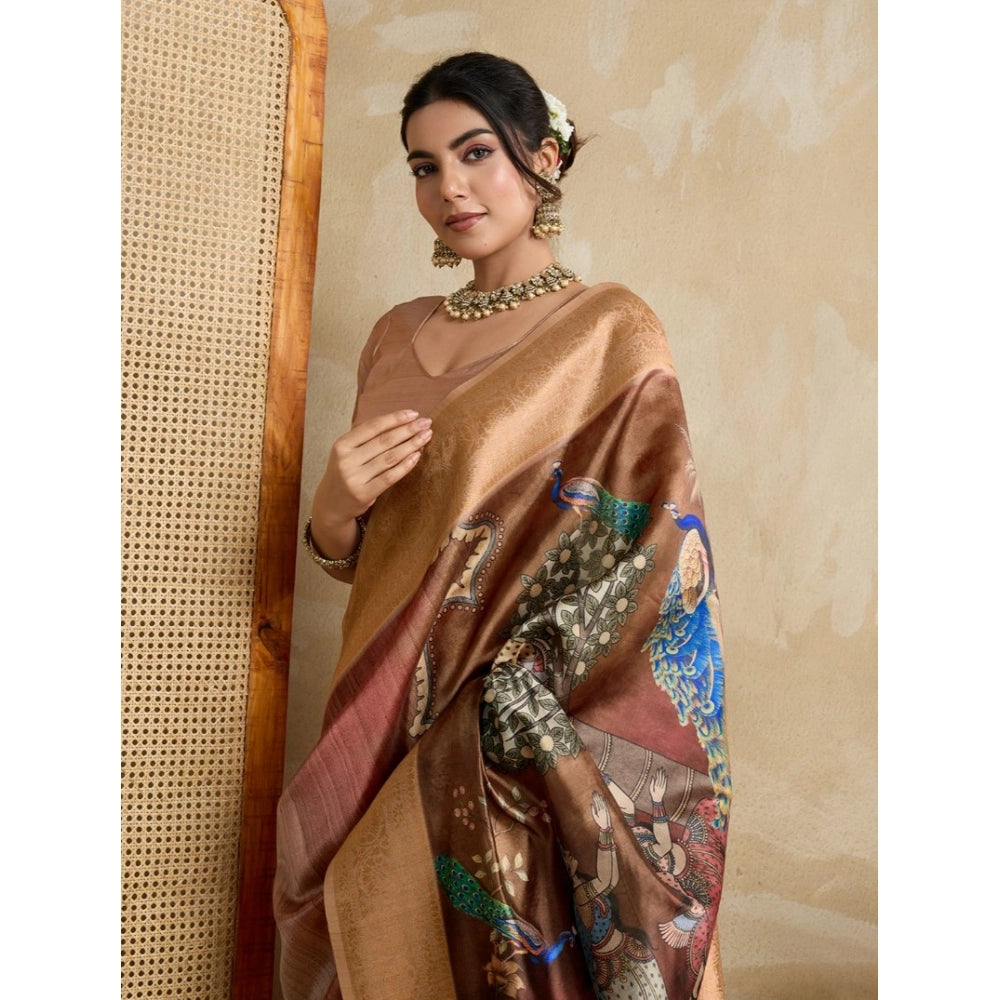 Seduva Women's Silk Printed Saree With Unstitched Blouse 5.5Mtr (Brown)