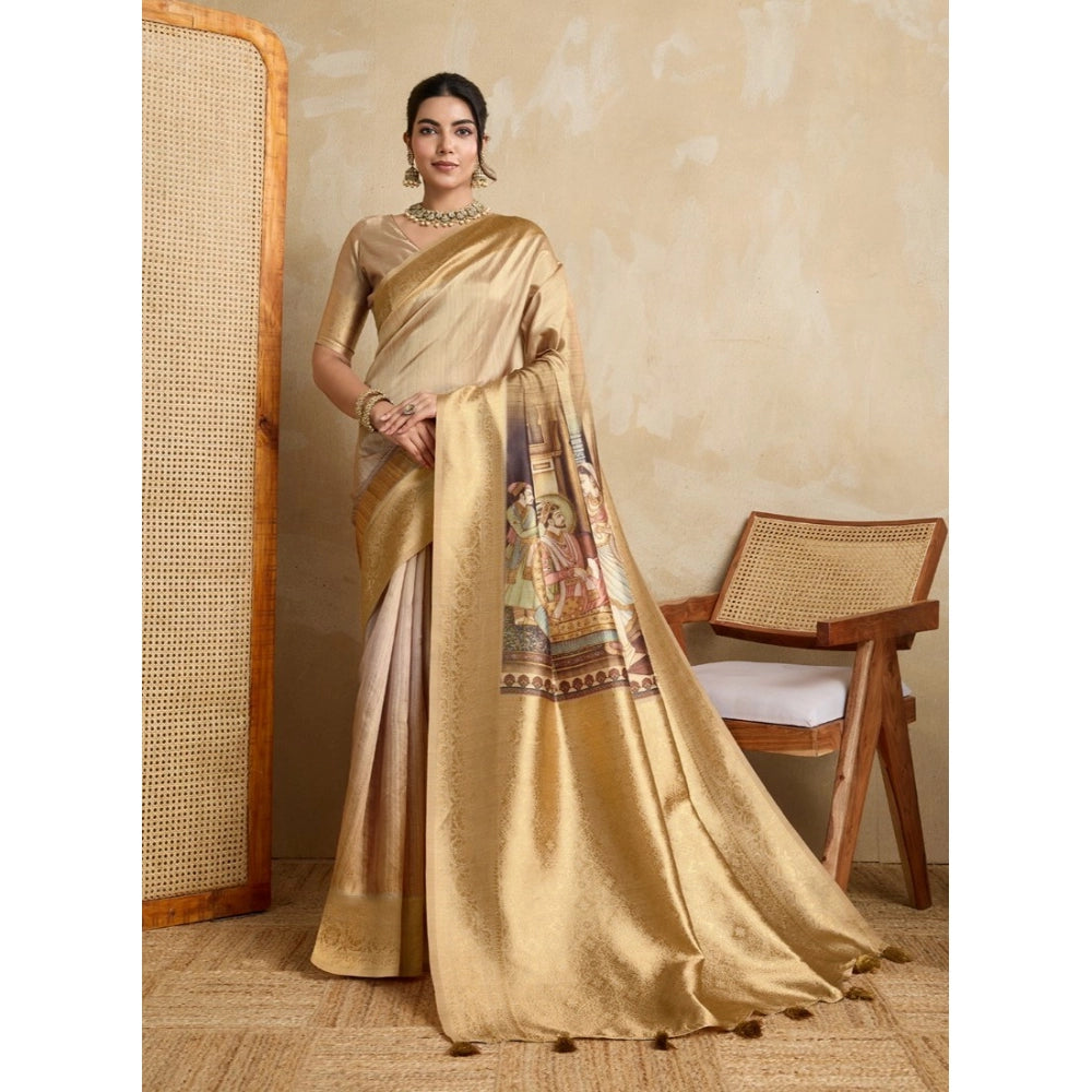 Seduva Women's Silk Printed Saree With Unstitched Blouse 5.5Mtr (Gold)