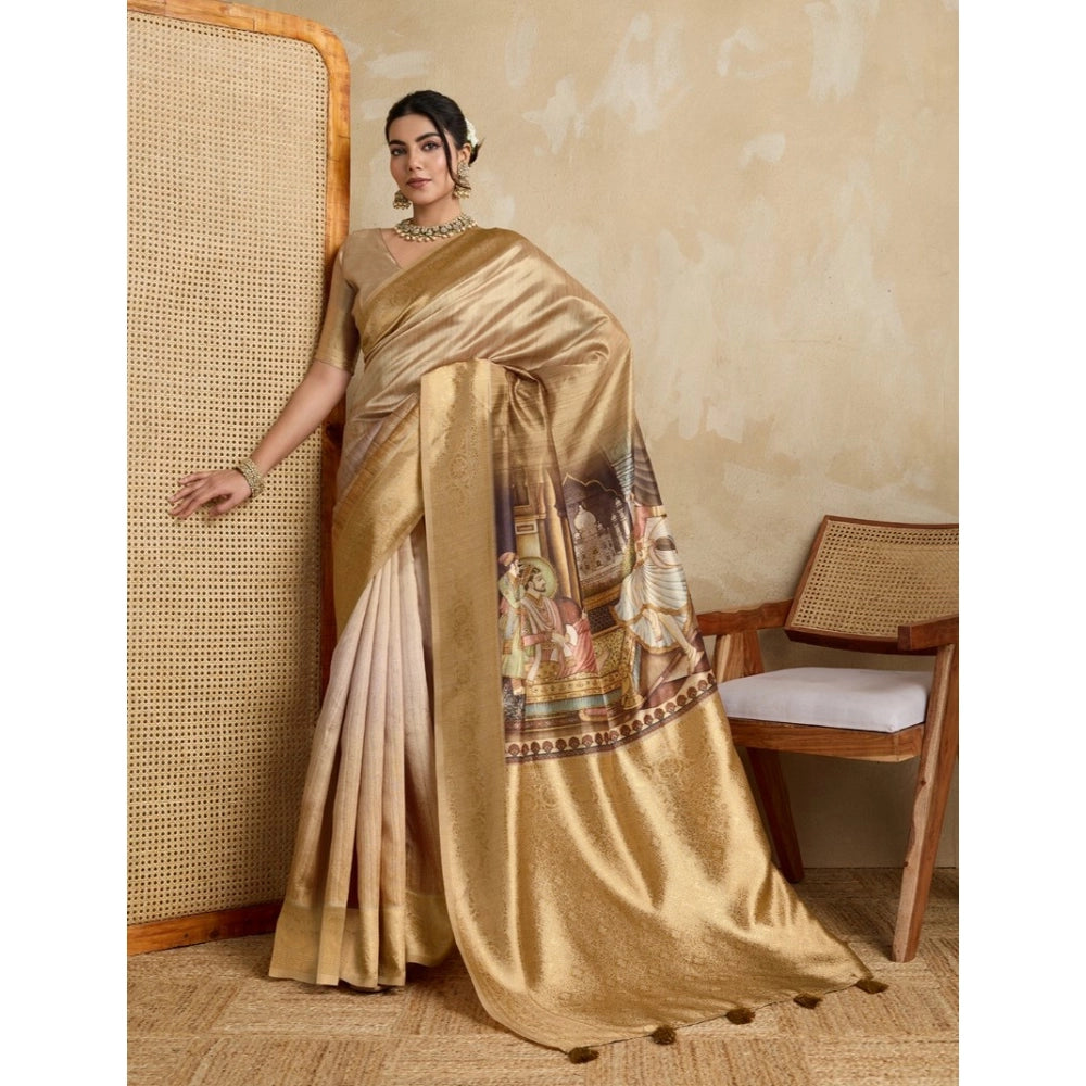 Seduva Women's Silk Printed Saree With Unstitched Blouse 5.5Mtr (Gold)