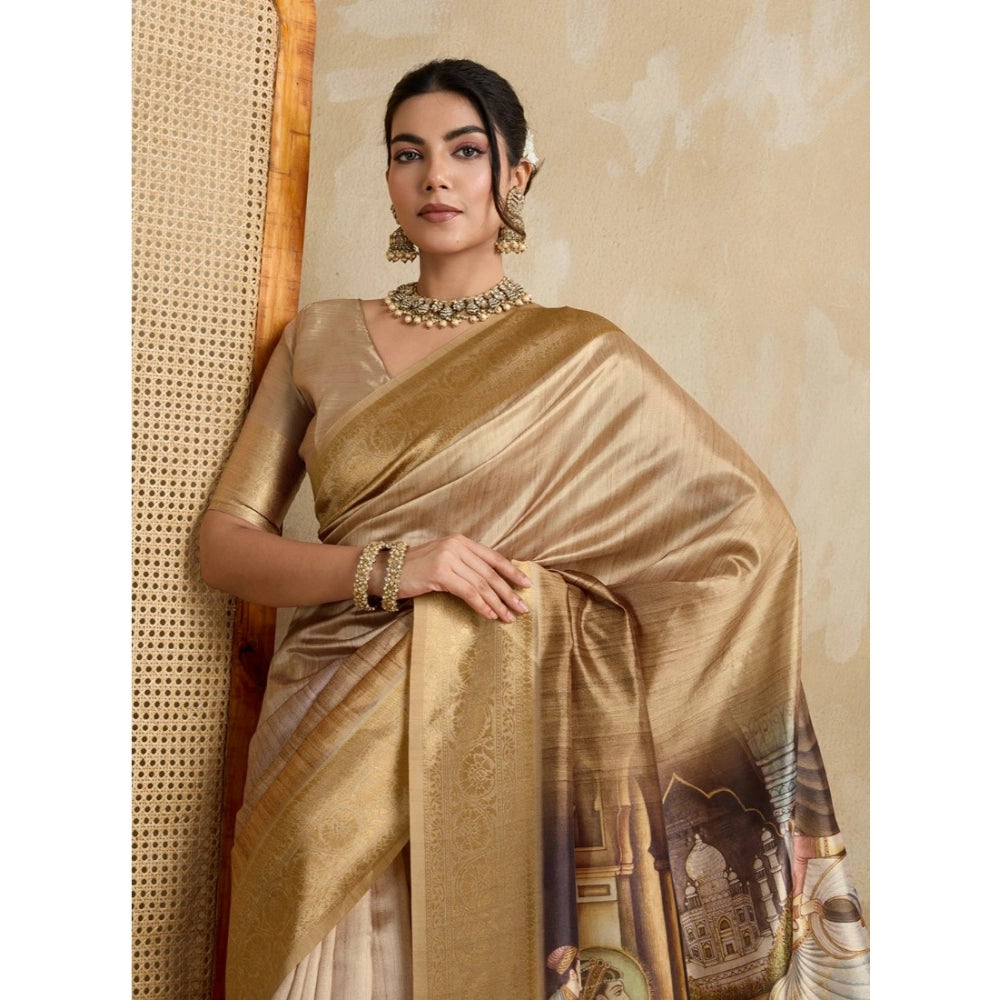Seduva Women's Silk Printed Saree With Unstitched Blouse 5.5Mtr (Gold)