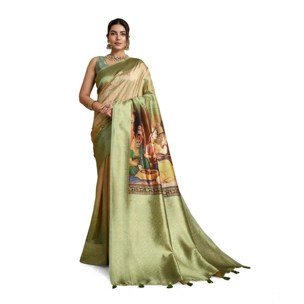 Seduva Women's Silk Printed Saree With Unstitched Blouse 5.5Mtr (Mehendi)