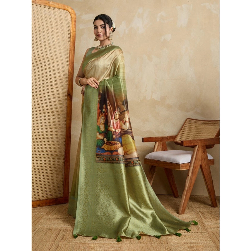 Seduva Women's Silk Printed Saree With Unstitched Blouse 5.5Mtr (Mehendi)