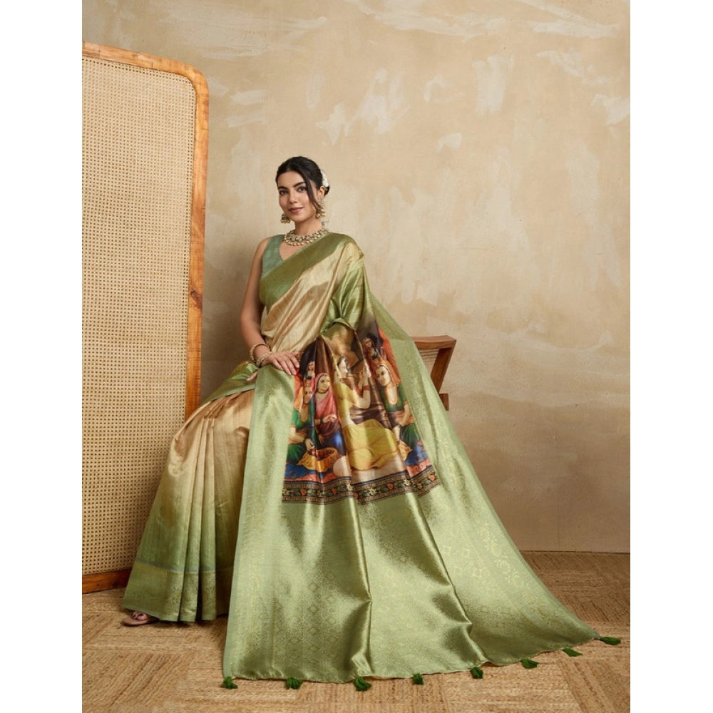 Seduva Women's Silk Printed Saree With Unstitched Blouse 5.5Mtr (Mehendi)