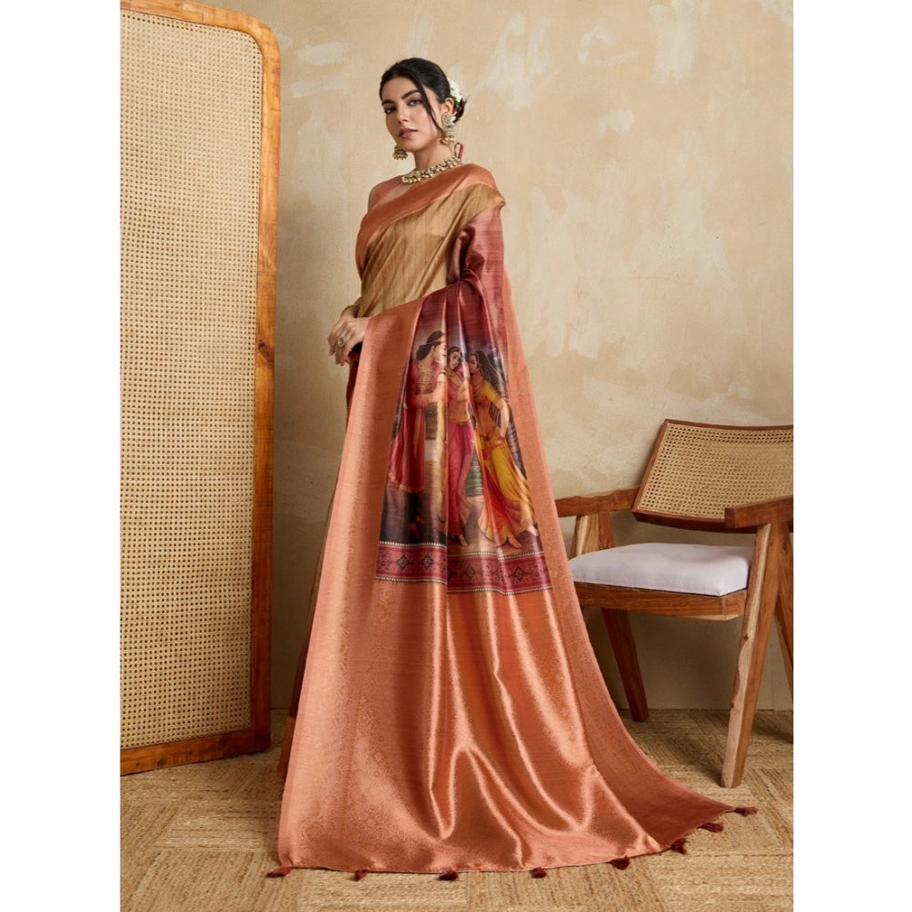 Seduva Women's Silk Printed Saree With Unstitched Blouse 5.5Mtr (Peach)