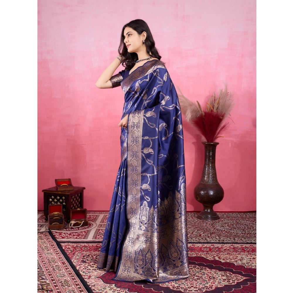 Seduva Women's Banarasi Silk Printed Saree With Unstitched Blouse 5.5Mtr (Blue)
