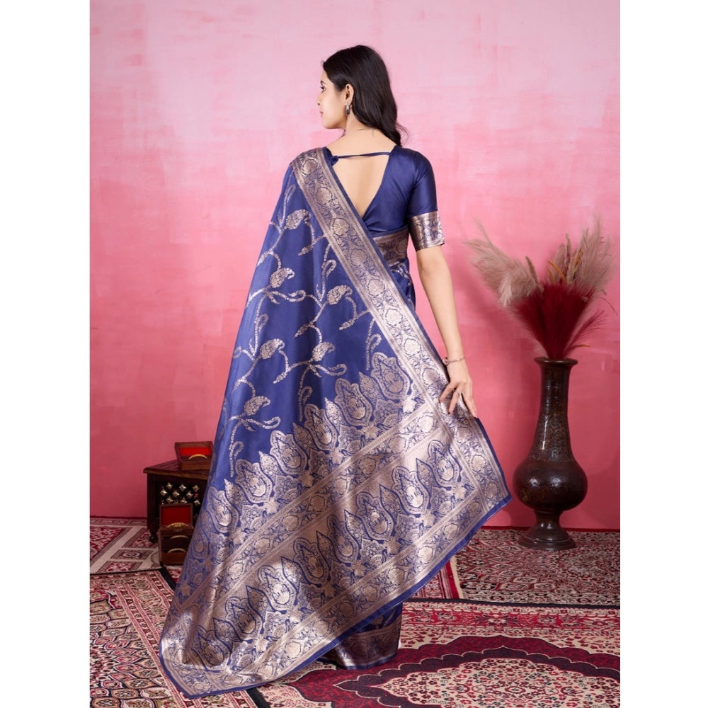 Seduva Women's Banarasi Silk Printed Saree With Unstitched Blouse 5.5Mtr (Blue)