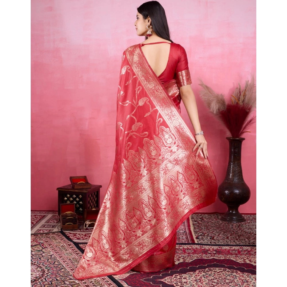 Seduva Women's Banarasi Silk Printed Saree With Unstitched Blouse 5.5Mtr (Red)