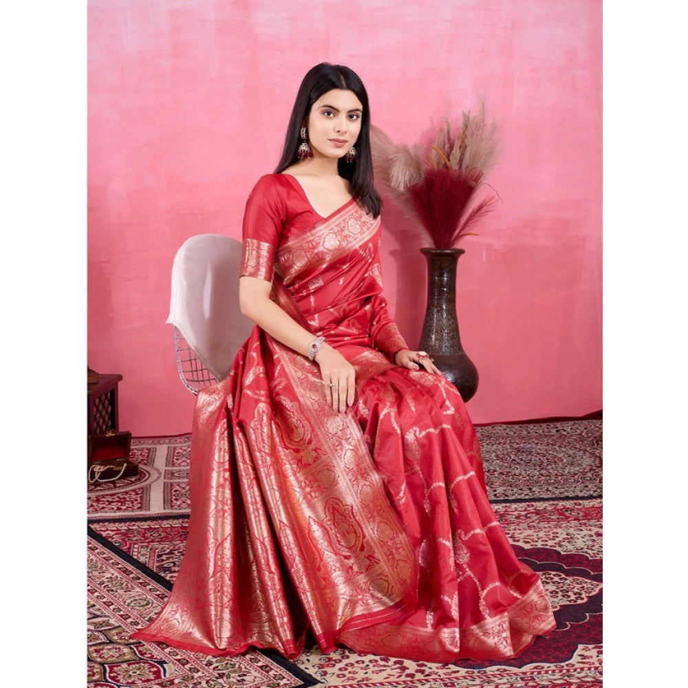 Seduva Women's Banarasi Silk Printed Saree With Unstitched Blouse 5.5Mtr (Red)