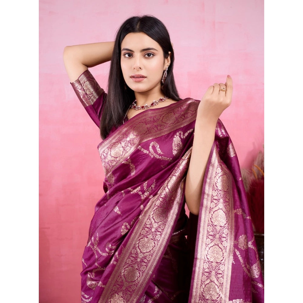 Seduva Women's Banarasi Silk Printed Saree With Unstitched Blouse 5.5Mtr (Wine)