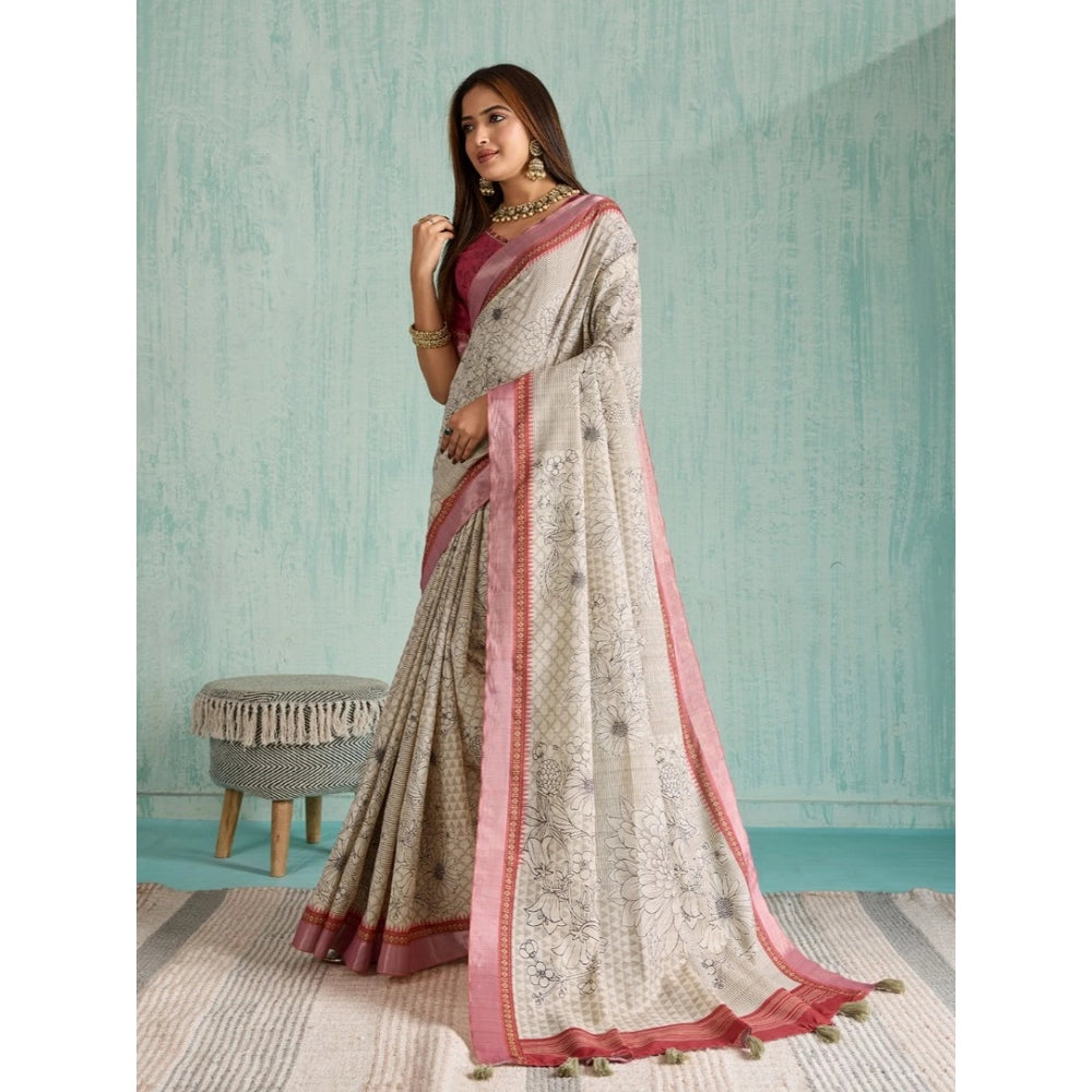 Seduva Women's Silk Blend Printed Saree With Unstitched Blouse 5.5Mtr (Beige)