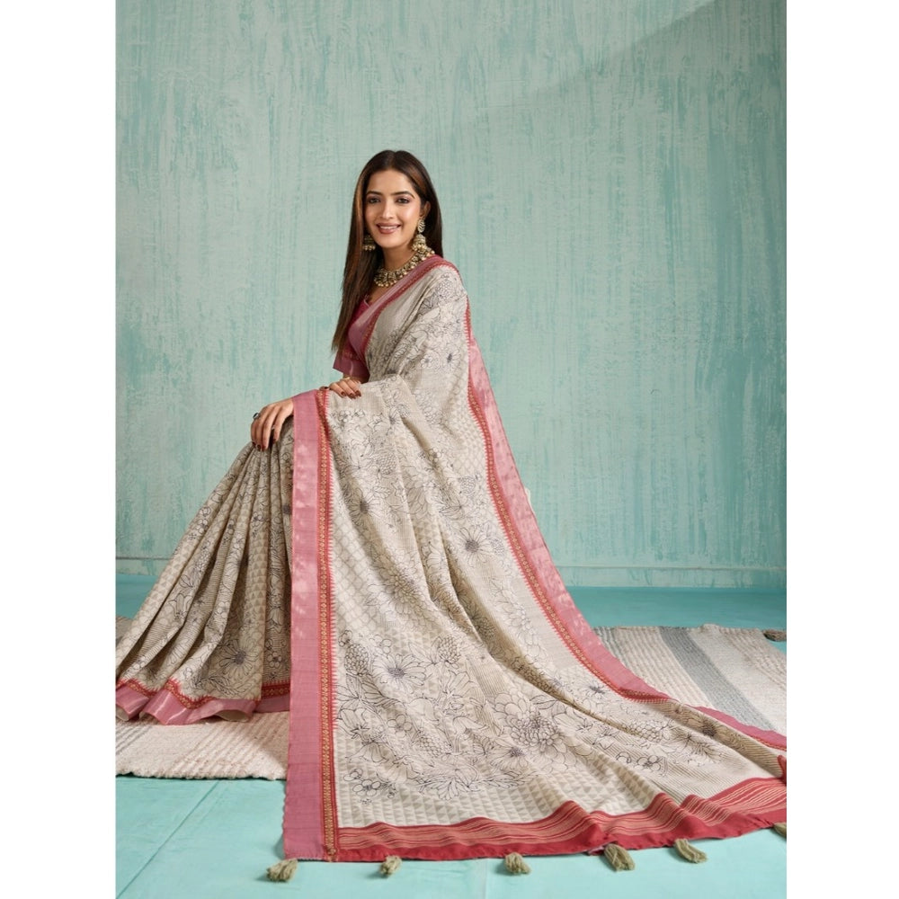 Seduva Women's Silk Blend Printed Saree With Unstitched Blouse 5.5Mtr (Beige)