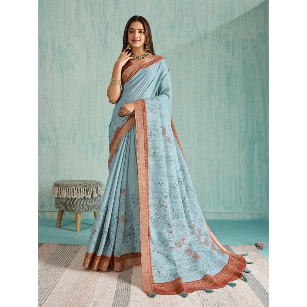 Seduva Women's Silk Blend Printed Saree With Unstitched Blouse 5.5Mtr (Blue)