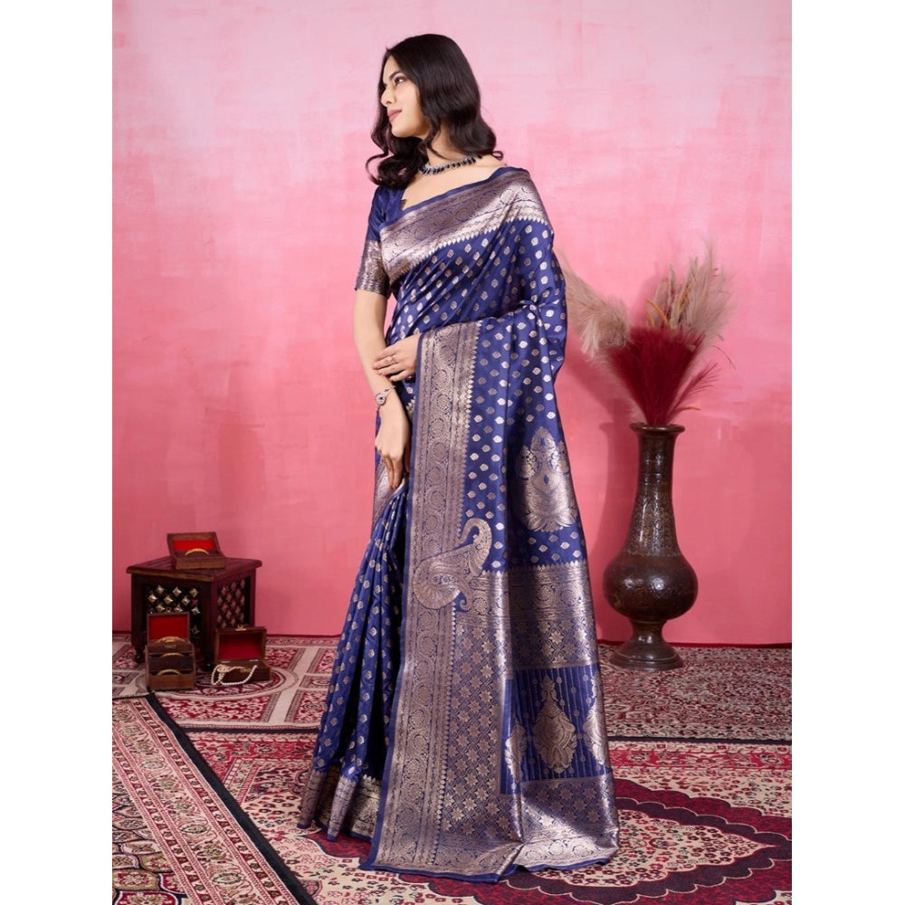Seduva Women's Banarasi Silk Printed Saree With Unstitched Blouse 5.5Mtr (Blue)