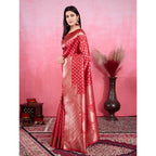 Seduva Women's Banarasi Silk Printed Saree With Unstitched Blouse 5.5Mtr (Red)