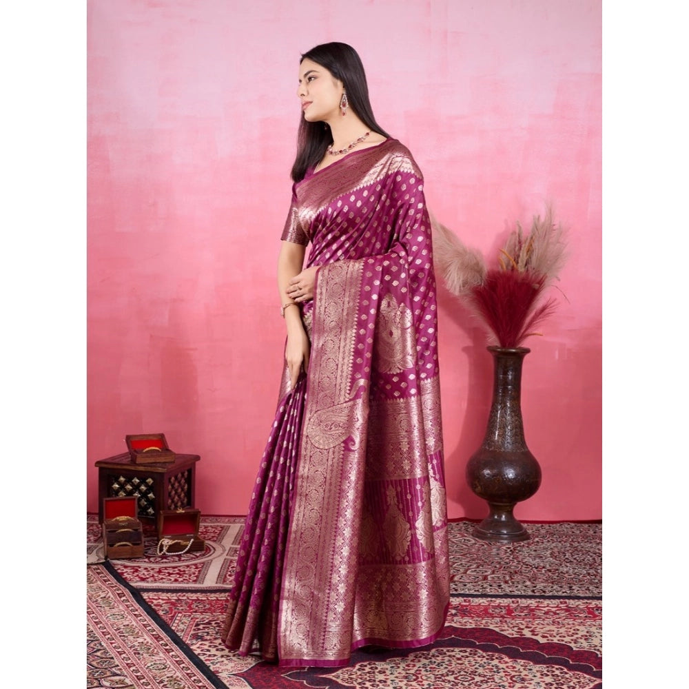 Seduva Women's Banarasi Silk Printed Saree With Unstitched Blouse 5.5Mtr (Wine)