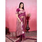 Seduva Women's Banarasi Silk Printed Saree With Unstitched Blouse 5.5Mtr (Wine)