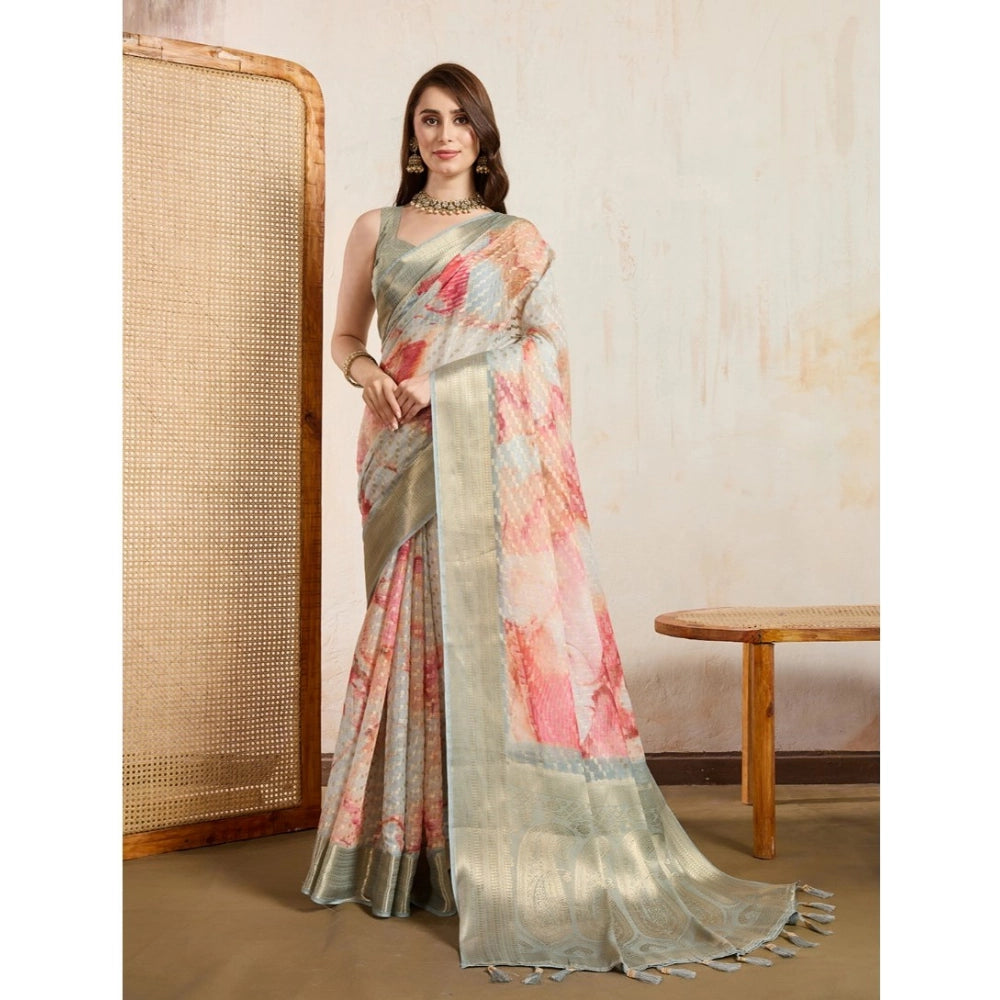 Seduva Women's Viscose Printed Saree With Unstitched Blouse 5.5Mtr (Cream)