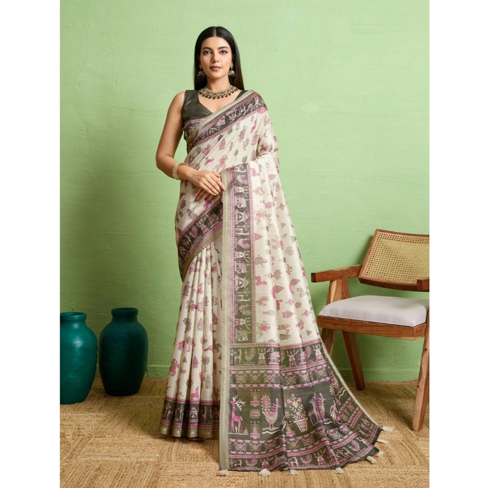 Seduva Women's Silk Blend Printed Saree With Unstitched Blouse 5.5Mtr (Off White)
