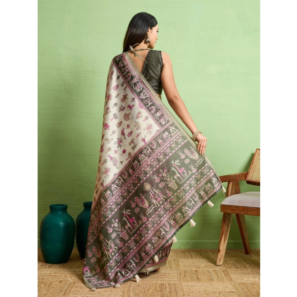 Seduva Women's Silk Blend Printed Saree With Unstitched Blouse 5.5Mtr (Off White)