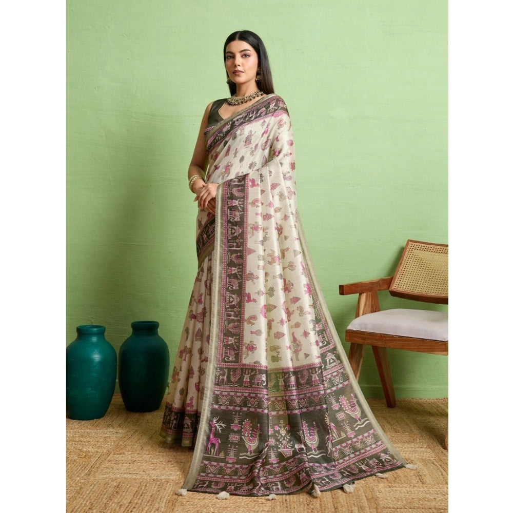 Seduva Women's Silk Blend Printed Saree With Unstitched Blouse 5.5Mtr (Off White)