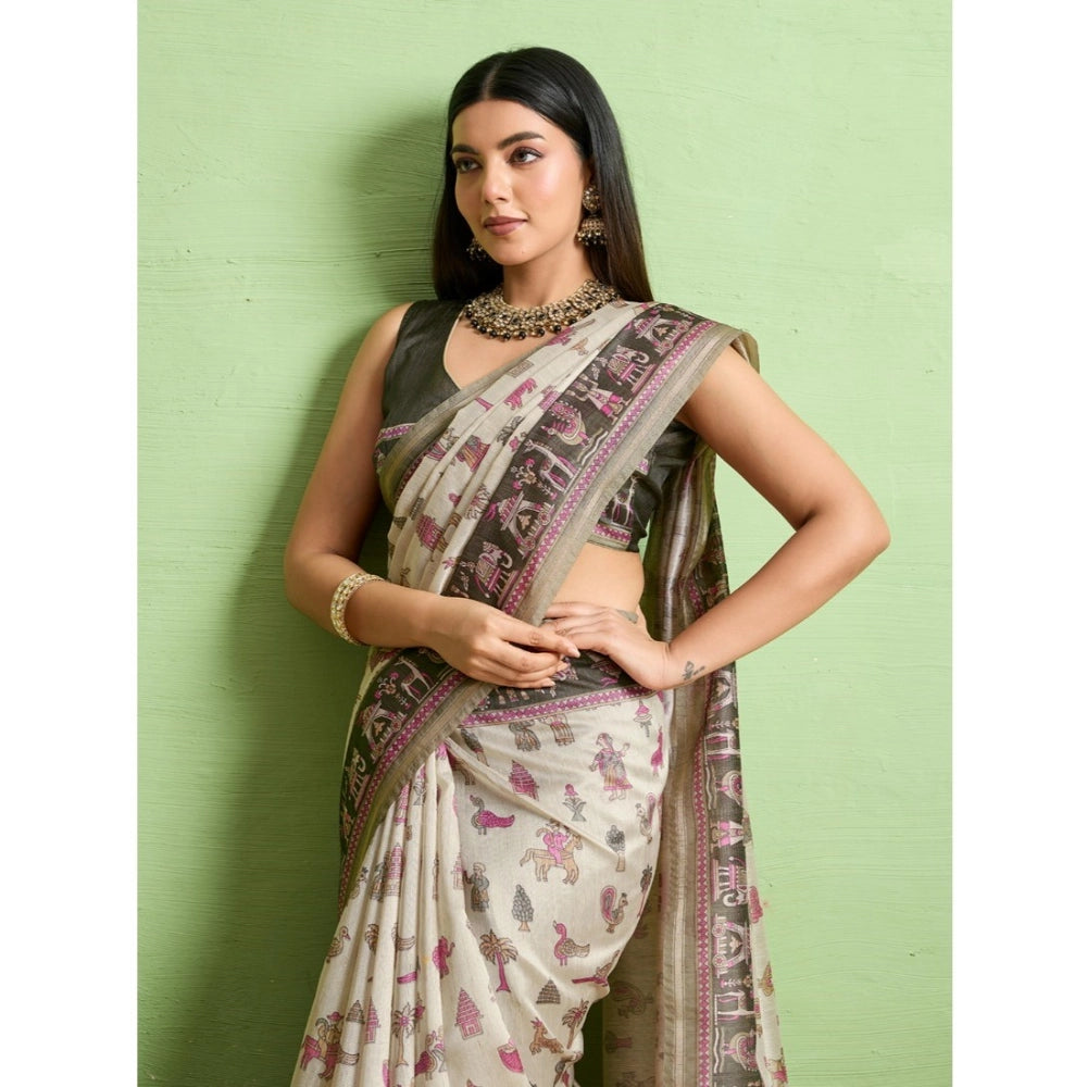 Seduva Women's Silk Blend Printed Saree With Unstitched Blouse 5.5Mtr (Off White)
