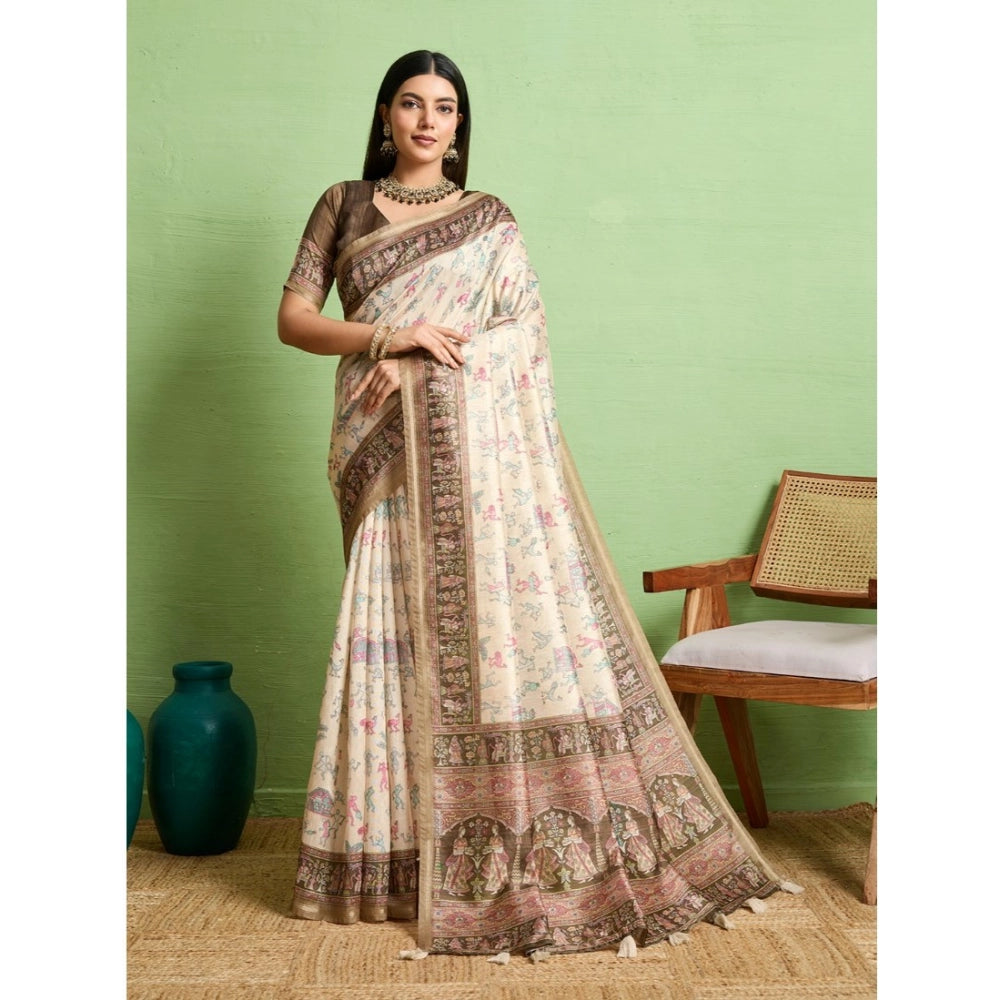 Seduva Women's Silk Blend Printed Saree With Unstitched Blouse 5.5Mtr (Cream)
