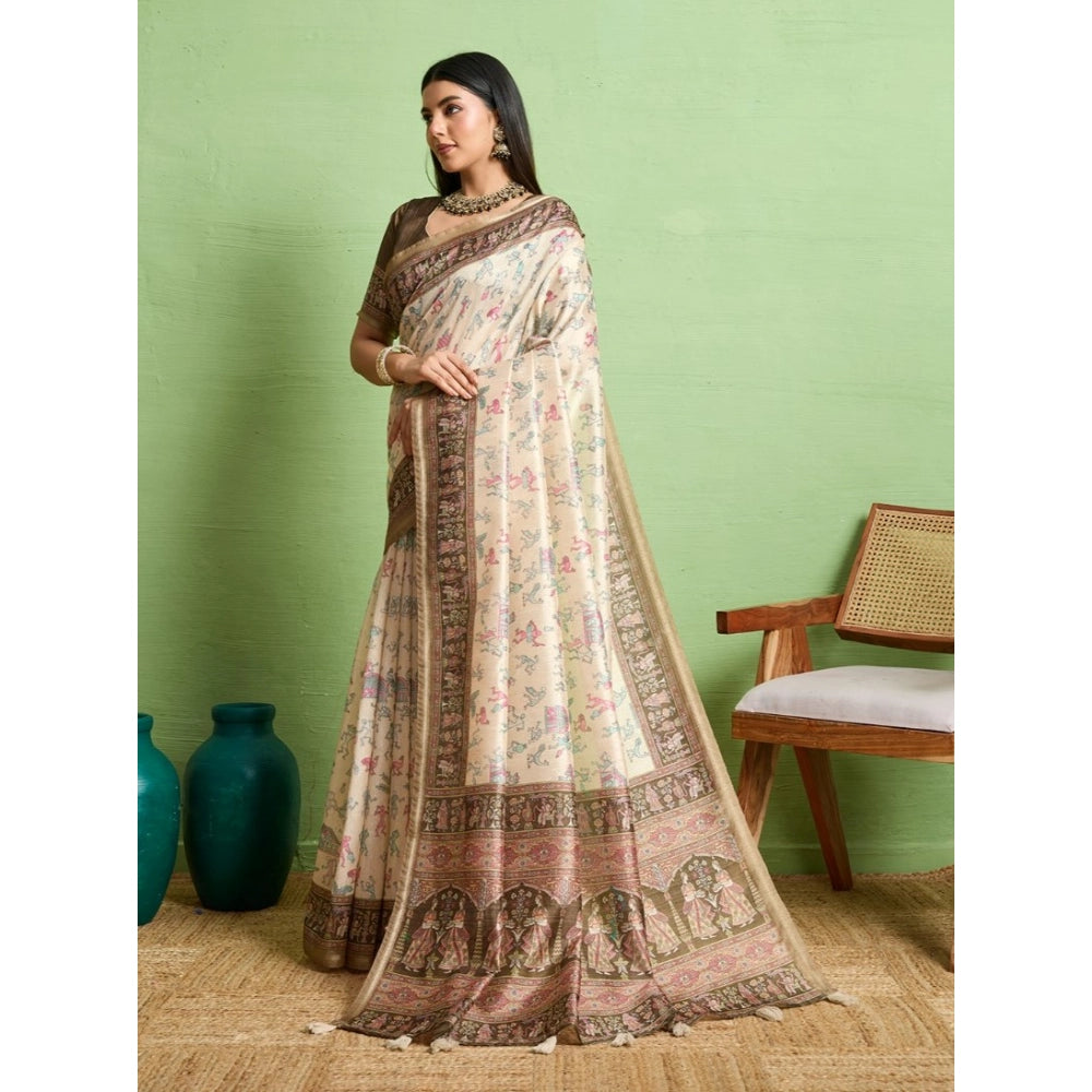 Seduva Women's Silk Blend Printed Saree With Unstitched Blouse 5.5Mtr (Cream)