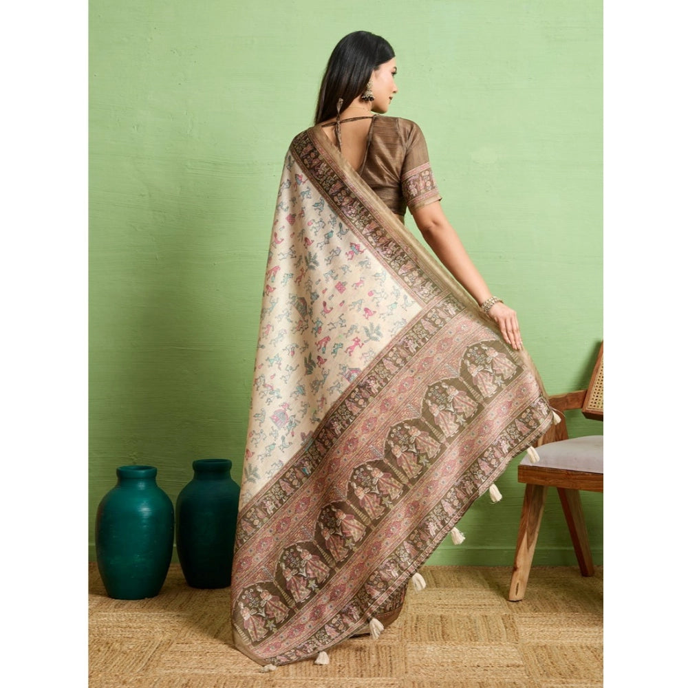 Seduva Women's Silk Blend Printed Saree With Unstitched Blouse 5.5Mtr (Cream)